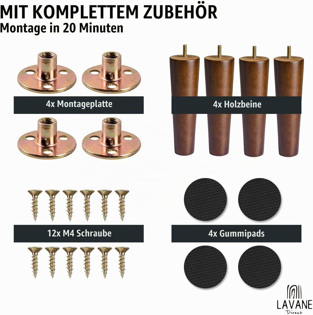 La Vane 4 Stück Möbelfüsse aus Massivholz - 15cm Höhe, Walnuss, Konisch mit M8 Gewindebolzen &amp; Monta