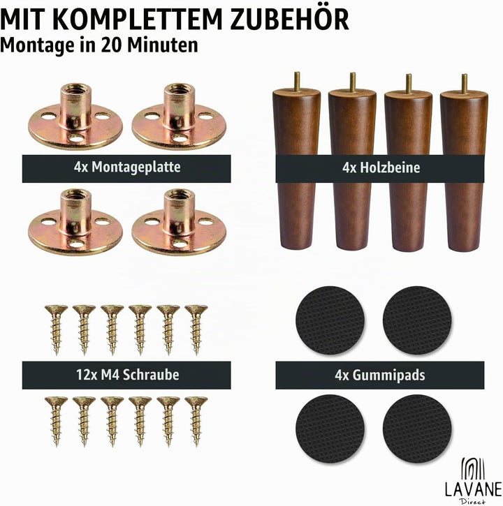 La Vane 4 Stück Möbelfüsse aus Massivholz - 15cm Höhe, Walnuss, Konisch mit M8 Gewindebolzen &amp; Monta