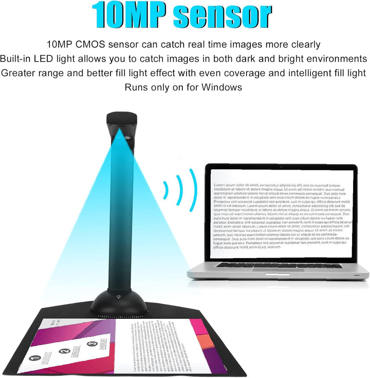Dokumentenkamera, Buchscanner, Kamera, 10 MP, OCR, Echtzeitprojektion, A3, Faltbar, Tragbar, USB-Sca