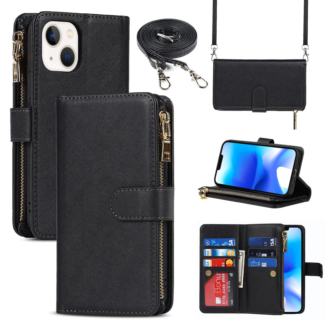 CAVOR Handykette Handyhülle kompatibel mit iPhone 14 Plus Hülle Mit Band,Flip Leder Geldbörse Handyh