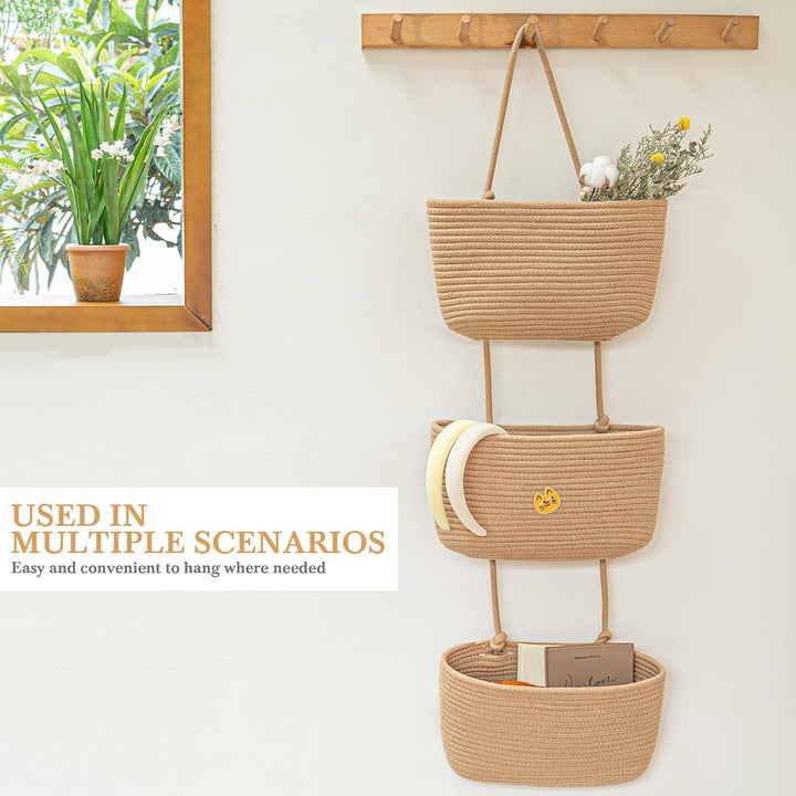 danpinera Aufbewahrungskörbe, 3-stöckige Baumwollseilkörbe mit Knopfriemen über der Tür, Wandorganiz