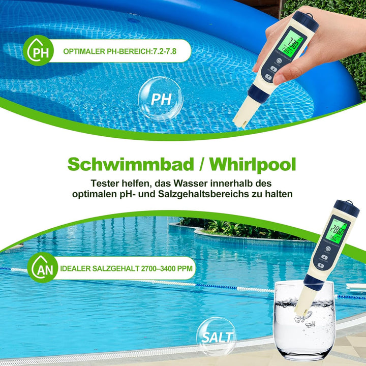 Pious PH Messgerät Wasser, Ph/Salzgehalt/ec/tds/Temperatur-Multifunktions-Ph-Messgerät, Automatische