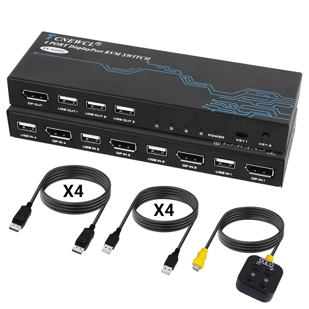 TCNEWCL DisplayPort KVM Switch 4 Port, 4K@60Hz DP und USB KVM Umschalter für 4 PCs Share 1 Monitor T