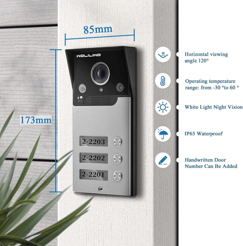WOLILIWO Video Türklingel mit Kamera,3-familienhaus Video Doorbell Intercom with 7-Inch Monitor,Spre