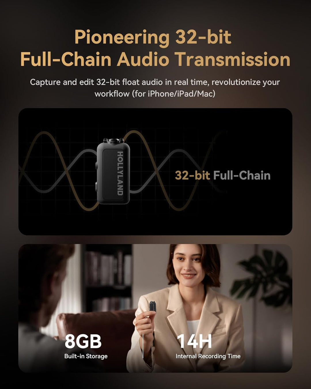 Hollyland Lark Max 2, Kabelloses Lavalier Mikrofon, AI-Rauschunterdrückung, 32-Bit-Audio mit voller