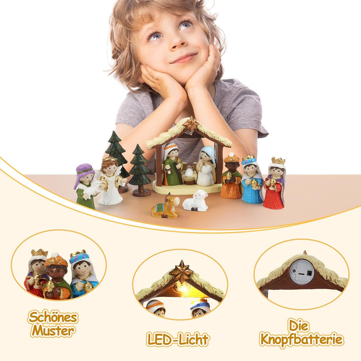 Krippenfiguren Set , Weihnachtskrippe mit Beleuchtung, Krippe Weihnachten komplettset, Krippenfigure