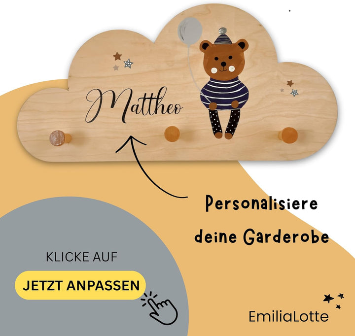EmiliaLotte Kindergarderobe Personalisiert mit Wunschname I Garderobe Kinder aus Holz - Verschiedene
