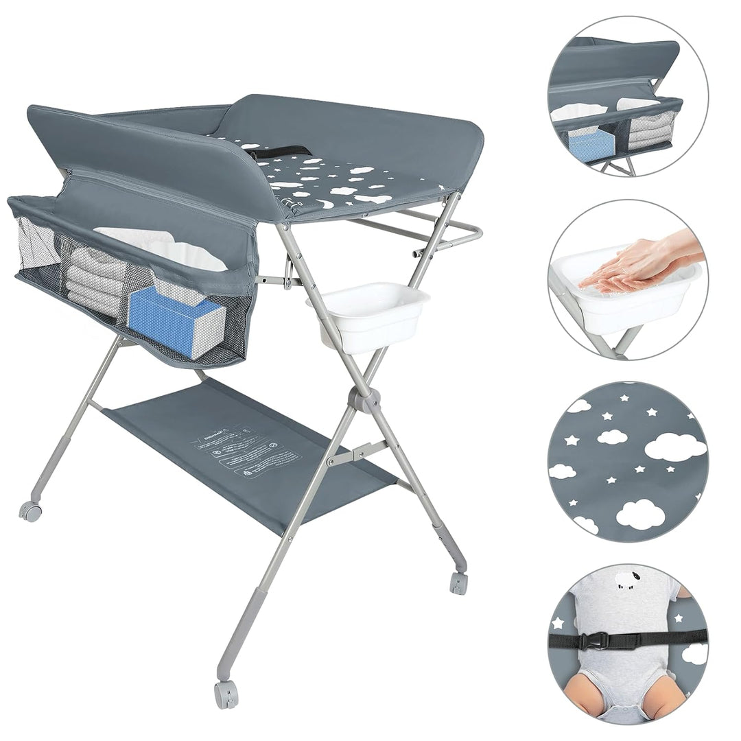 OHMG Baby Wickelkombi Klappbare Wickelkommode,Wickeltisch mit Rollen,Mobiler Wickeltisch mit Wickela