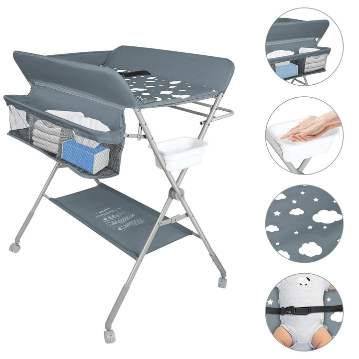 OHMG Baby Wickelkombi Klappbare Wickelkommode,Wickeltisch mit Rollen,Mobiler Wickeltisch mit Wickela