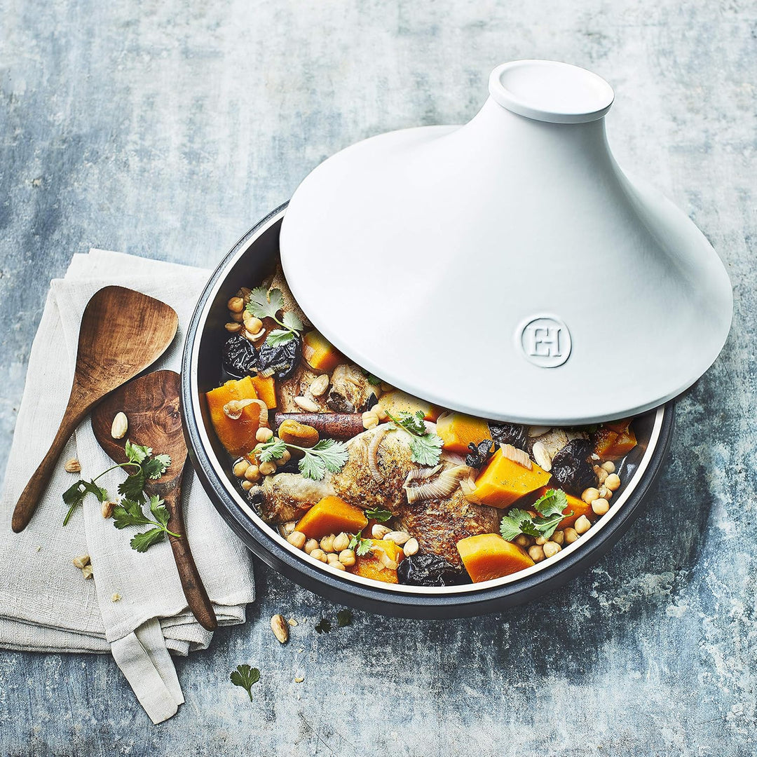 Emile Henry EH779566 Tajine Delight, Keramik, Induktion, 4 Liter, Schwarz Weiss, Weiss
