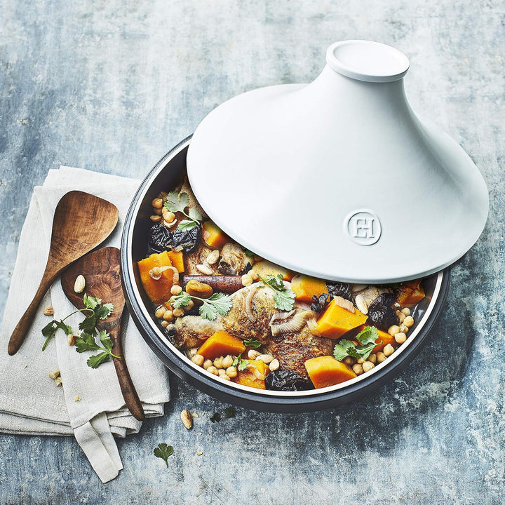 Emile Henry EH779566 Tajine Delight, Keramik, Induktion, 4 Liter, Schwarz Weiss, Weiss