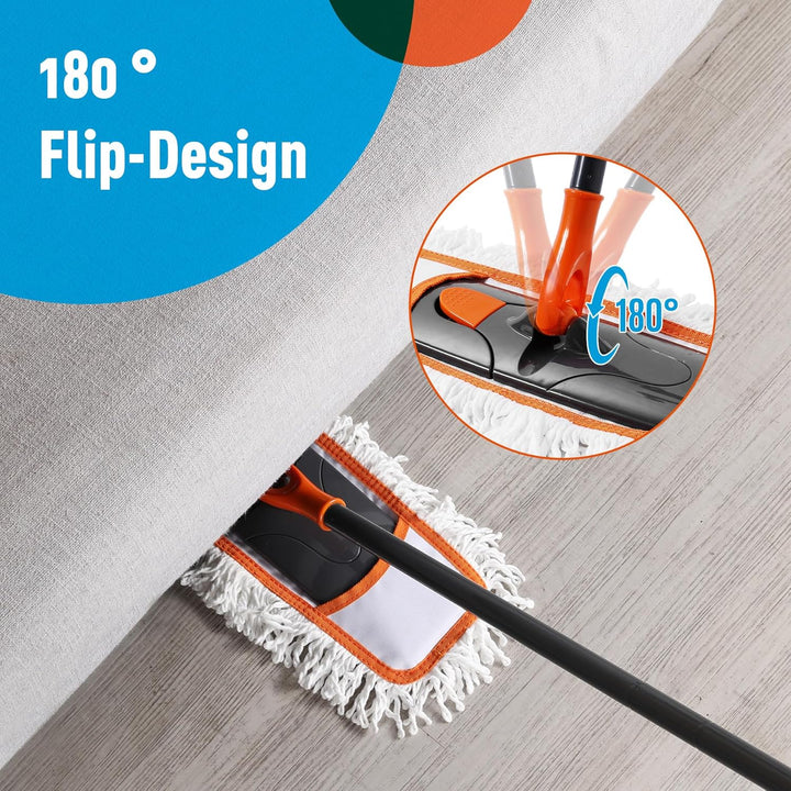 Bodenwischer Set mit 2 Waschbare Fasermopp-Pads und Ausziehbaren Langen Stiel（113-141CM）, Wischmopp