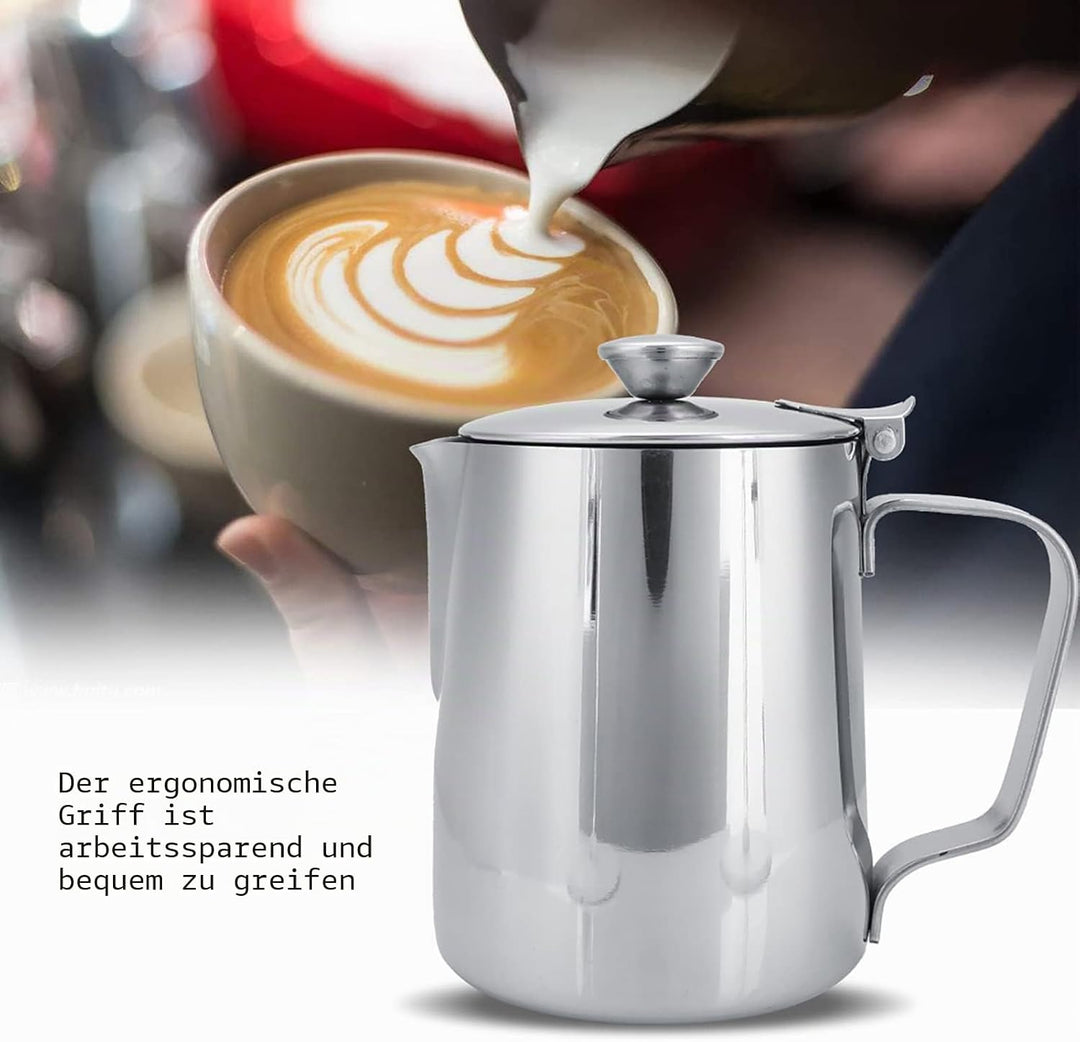 Ejoyous Milchkännchen Edelstahl, Milch Aufschäumer Kännchen mit Deckel, Handheld Milchkanne für Capp
