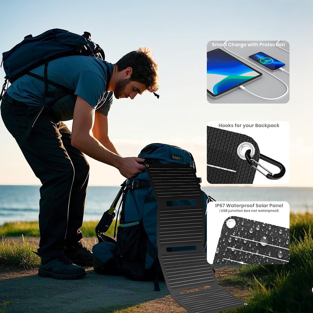 FlexSolar 30 W Solarpanel, faltbar, tragbar, Solar-Ladegerät, QC3.0, 18 W, USB-A, USB-C-Ausgang, IP6