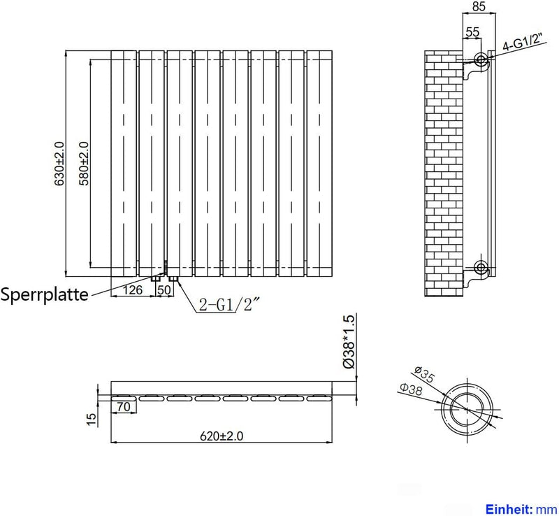 EMKE Design-Heizkörper 630x620mm Heizkörper Horizontal Anthrazit Paneelheizkörper Seitenanschluss Ei