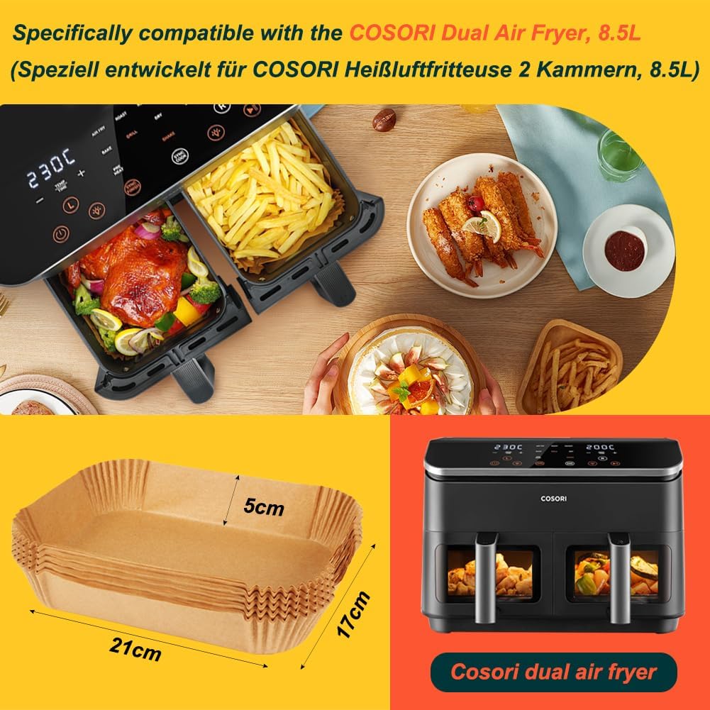 BYKITCHEN 160 Stück Backpapier für Heissluftfritteuse COSORI 2 Kammern, Dual Zone Air Fryer 8,5 L, A