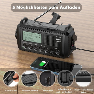 Kurbelradio DAB/UKW, Tragbare Solar Radio mit LED Taschenlampe & Leselicht, DAB+/FM Dynamo Radio IPX