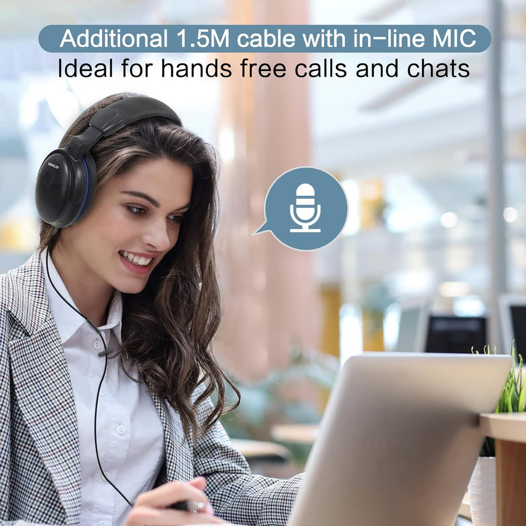 SIMOLIO TV Kopfhörer mit langem Kabel, Over Ear Headset für Fernseher mit Tonverstärkung, Tonregler