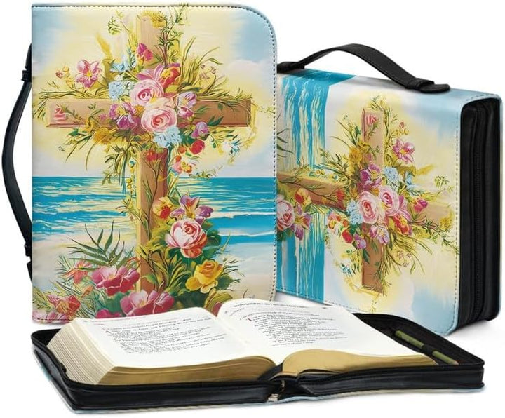 Kuiaobaty Gemaltes Kreuz Blumen Bibeletui mit Griff, Meereslandschaft Vegan PU Leder Buchhülle mit R