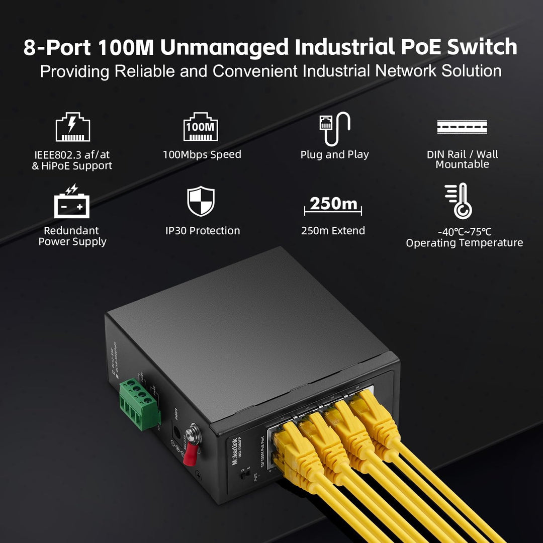MokerLink 8-Port-PoE-Industrie-DIN-Schienenschalter, 8 PoE+ IEEE802.3af/at, 10/100 Mbit/s Fast Ether