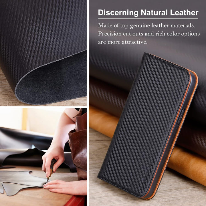 VISOUL iPhone 14 Plus Hülle, Handyhülle [100% Carbon Leder] [RFID Schutz] [Schützt vor Stoss] [Stand