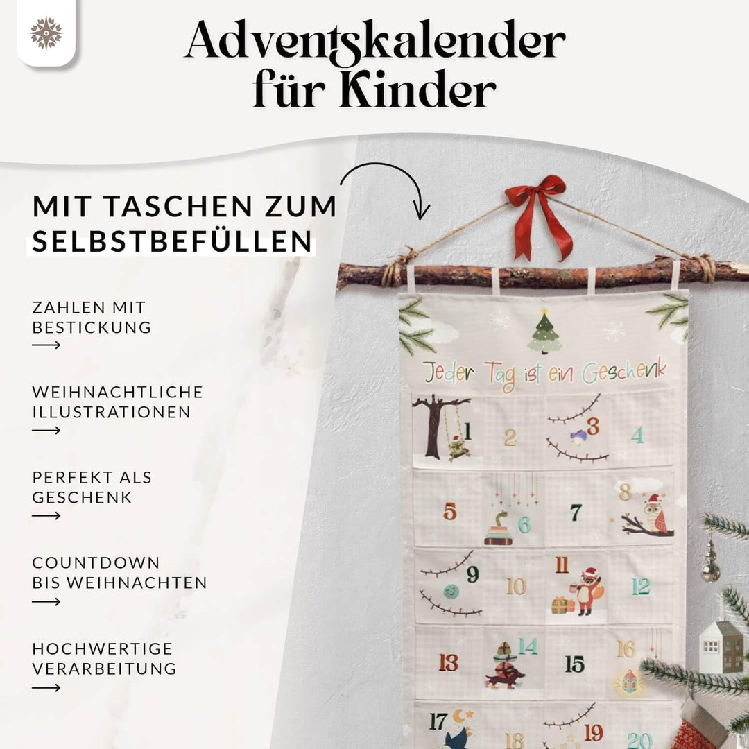 Lebenskompass® Adventskalender zum Befüllen aus Stoff für Kinder - Wandteppich mit 24 Taschen - Stof