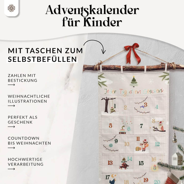 Lebenskompass® Adventskalender zum Befüllen aus Stoff für Kinder - Wandteppich mit 24 Taschen - Stof