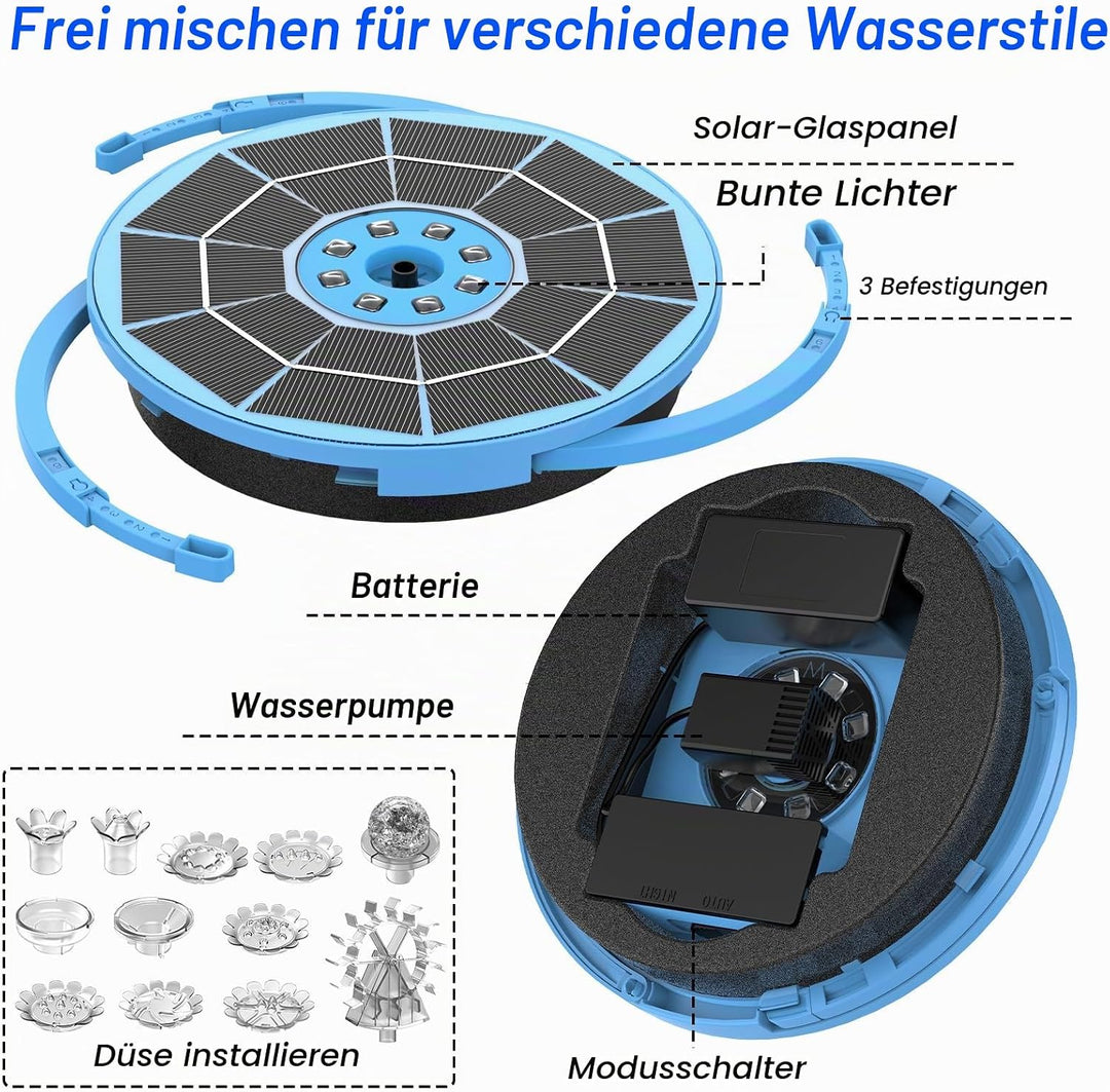 AISITIN LED Solar Springbrunnen für Aussen mit 3000mAh, 3,5W Solar Schwimmender Fontäne Pumpe mit Ve