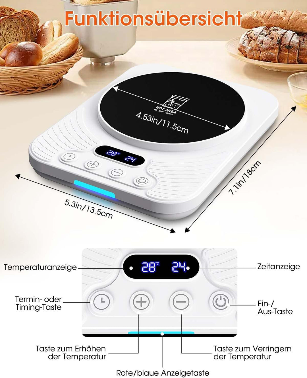 Sauerteigstarterwärmer, Wärmeplatte Präzise 1℃ Thermostat (21-43℃), 24H Timer, Automatische EIN/Aus-