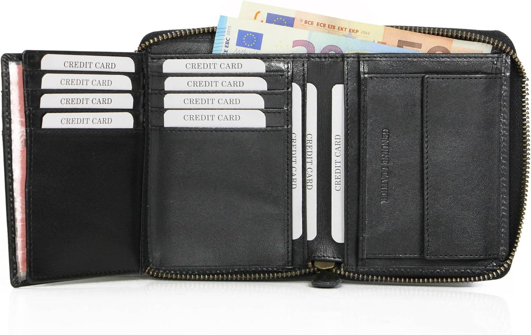 ALMADIH Premium Leder Portemonnaie Hochformat mit Reissverschluss 17 Kartenfächer in Geschenkbox - P