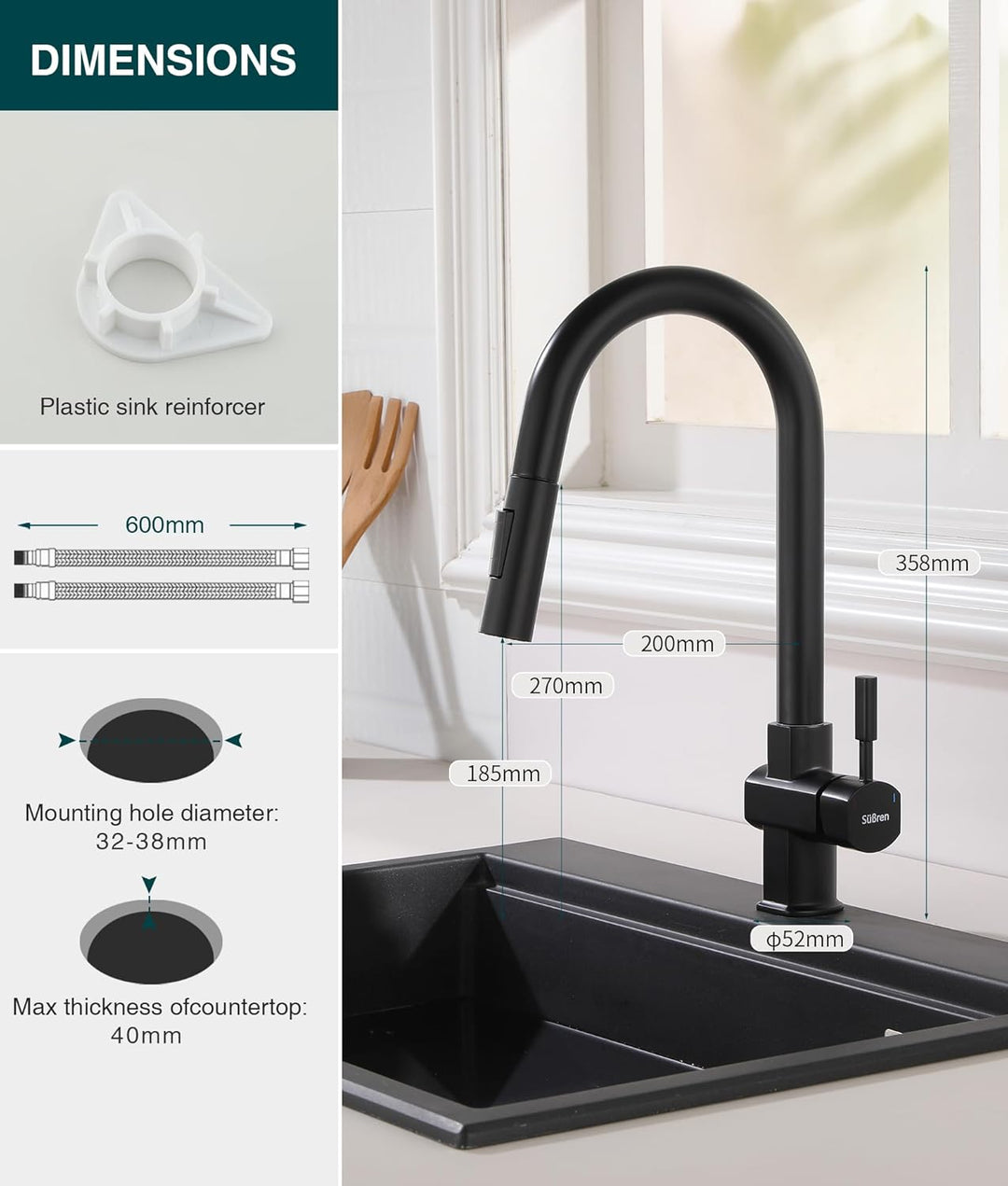 Wasserhahn Küche Schwarz,Hochdruck Küchenarmatur mit Ausziehbar Brause,Armatur Küche 360° Drehbar,Sp