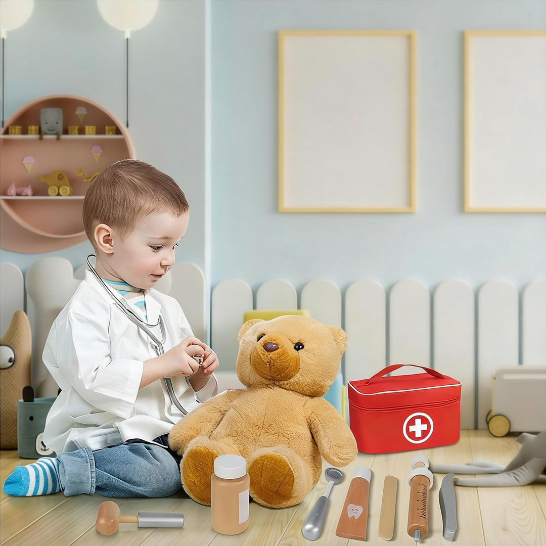 Arztkoffer Kinder Holz Spielset - Mit echtem Stethoskop, Arztkittel und Doktortasche in Rot, perfekt