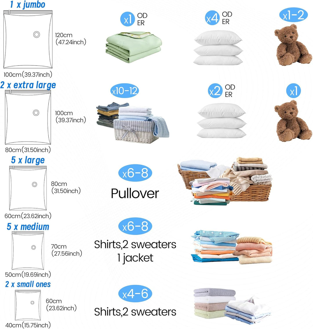 Vakuumbeutel für Kleidung & Bettdecken, 15 Stück Set mit vacuum bags for clothing Handpumpe – Platzs