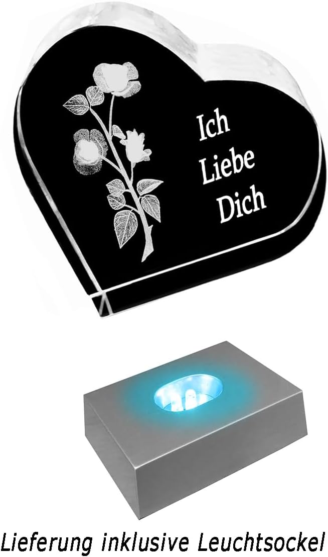 Kaltner Präsente Geschenkidee – Herz aus Glas: Kristallglas mit 3D-Laser-Gravur Rose - Ich Liebe Dic