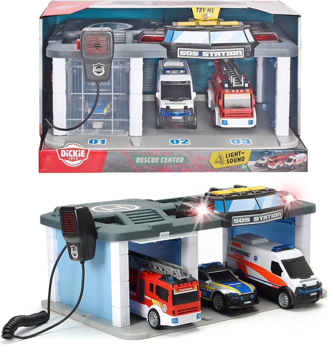 Dickie Toys SOS Rettungsstation mit Polizei, Feuerwehr und Krankenwagen, Station mit Licht & Sound,