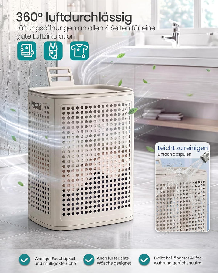 SONGMICS Wäschekorb mit Deckel, Wäschesammler Plastik, 75 L, Wäschetonne schmal, Wäschebox platzspar