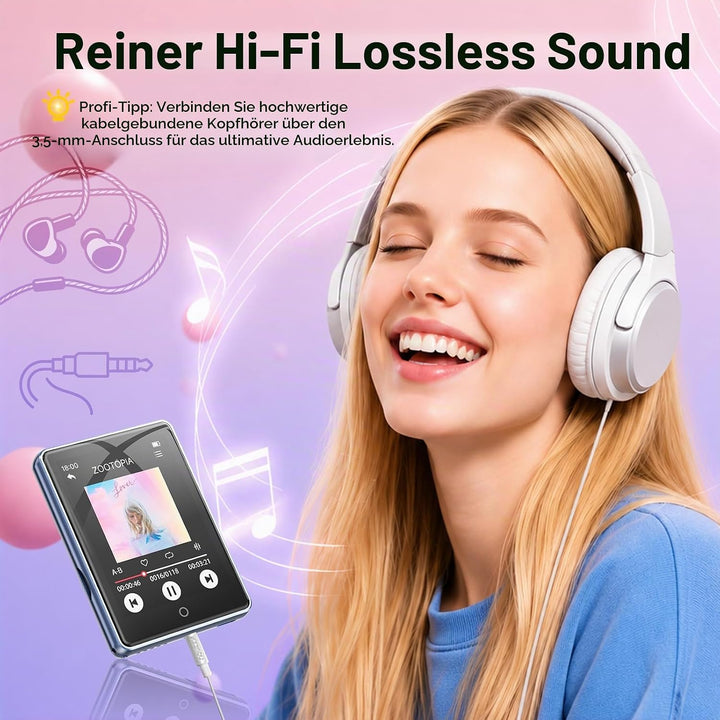 MP3 Player Bluetooth 5.3 mit 2.8 Zoll Voller Touchscreen Lautsprecher, 32GB (Unterstützt bis zu 128
