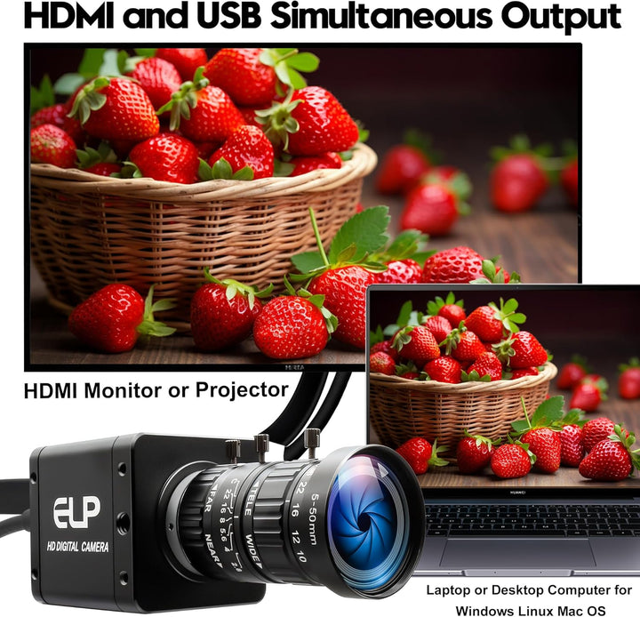 ELP 4K HDMI USB 3.0 Simultanausgangskamera, H.264 High Speed 60fps, Low-Light-Farb-Webcam mit Lich