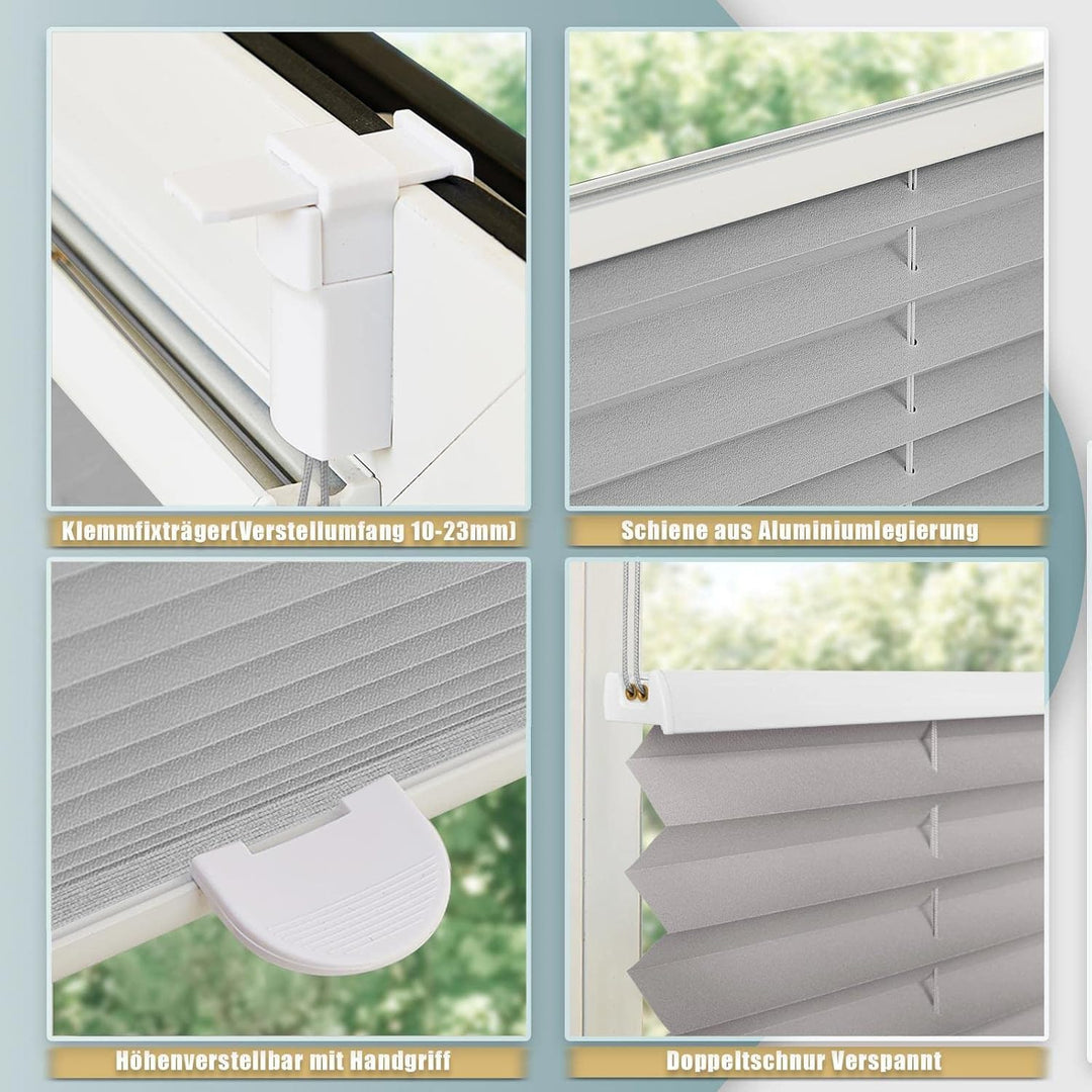 Buseu Plissee Klemmfix 35x80cm(BXH) Hellgrau Easyfix Faltrollo ohne Bohren Lichtdurchlässig Rollos f