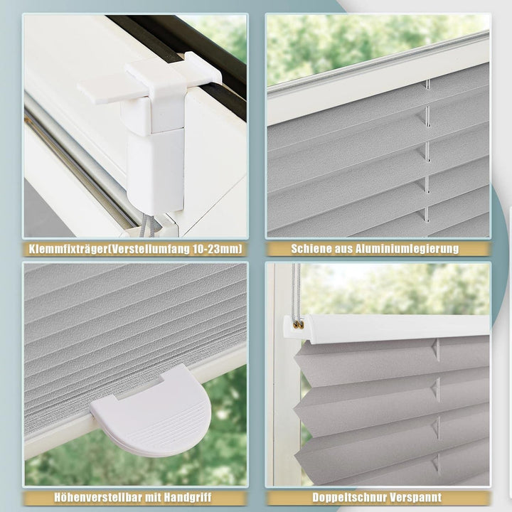 Buseu Plissee Klemmfix 35x80cm(BXH) Hellgrau Easyfix Faltrollo ohne Bohren Lichtdurchlässig Rollos f