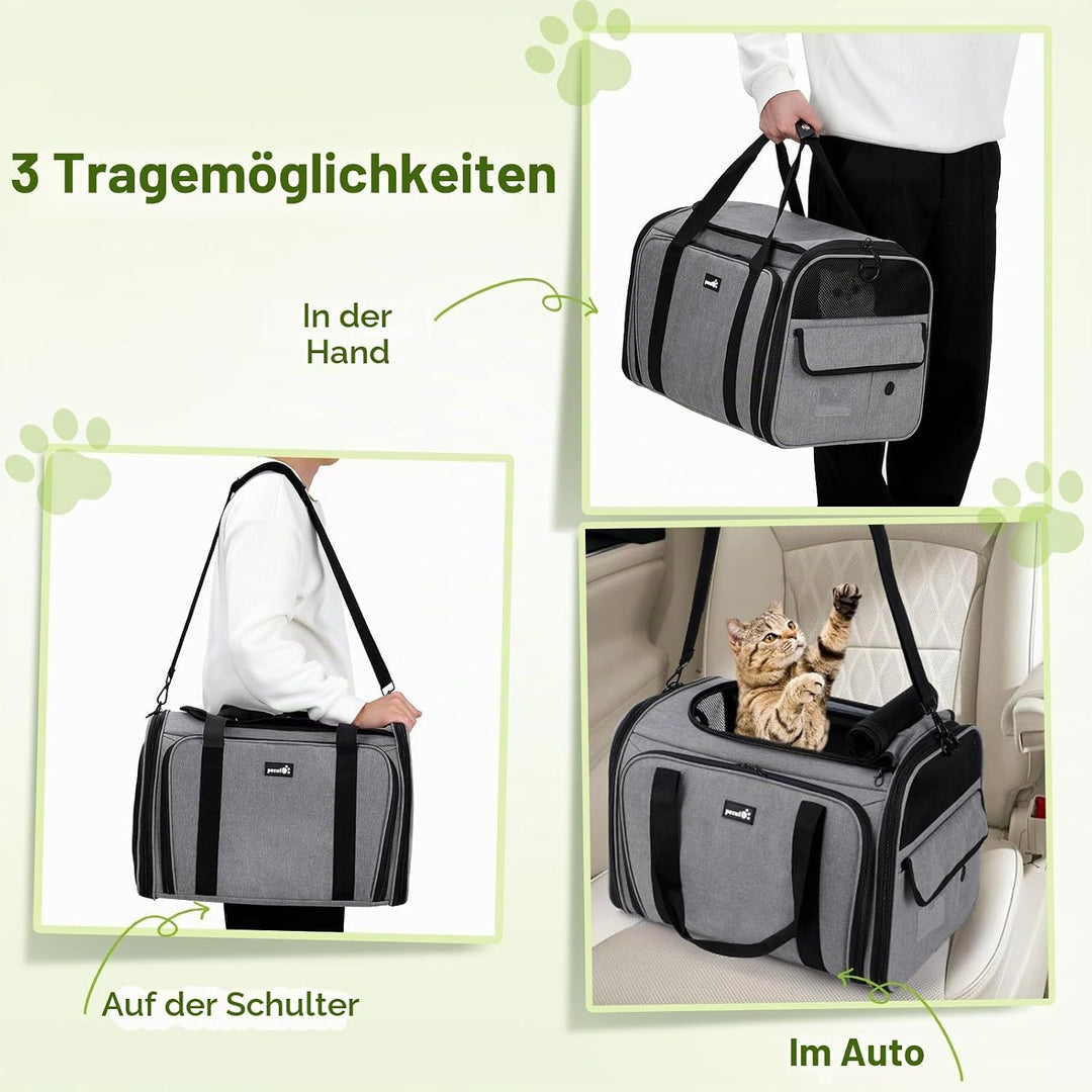 Pecute Katzentransportbox Transportbox Katze Gross, 48x33x34cm Erweiterbar Katzenbox für 2 Katzen Hu