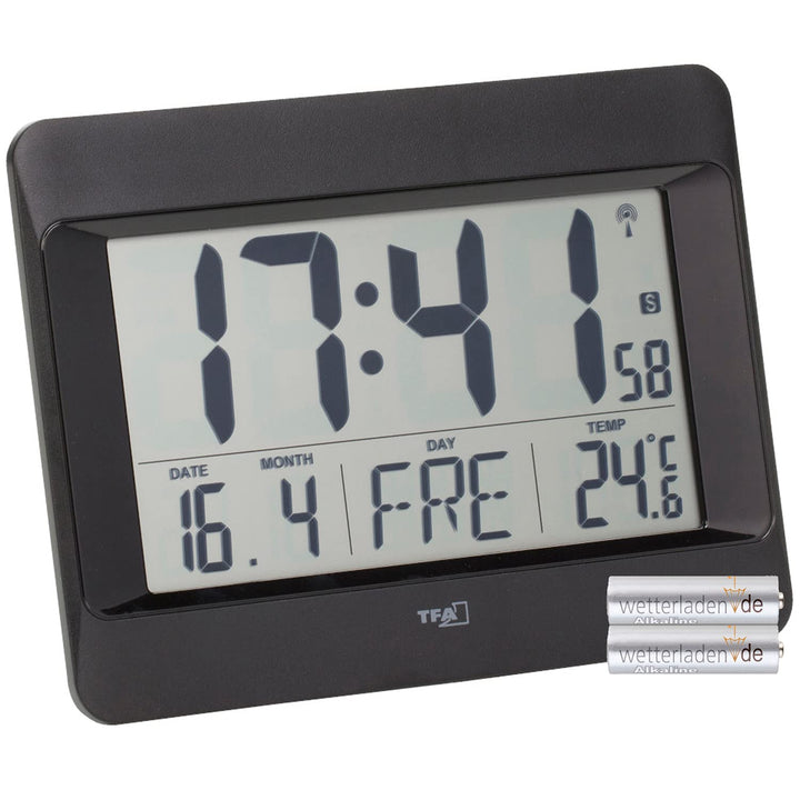 TFA Dostmann Wanduhr digital, 60.4519.01 (Schwarz mit Batterien), Schwarz mit Batterien