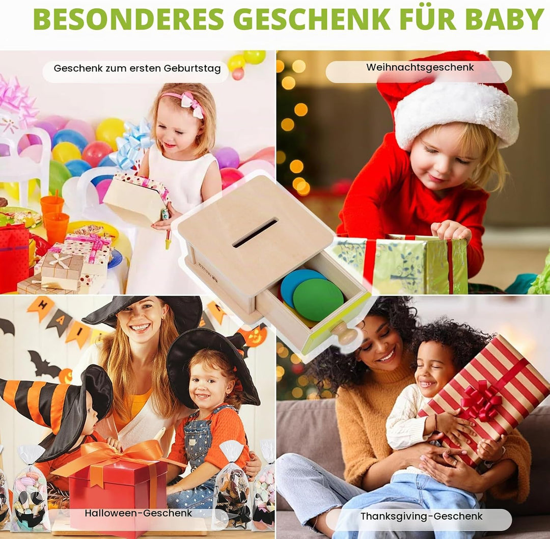 Adena Montessori Spielzeug ab 1 Jahr, Gelb-Grüner Tür Coin Box, Montessori Object Permanence Box Spi