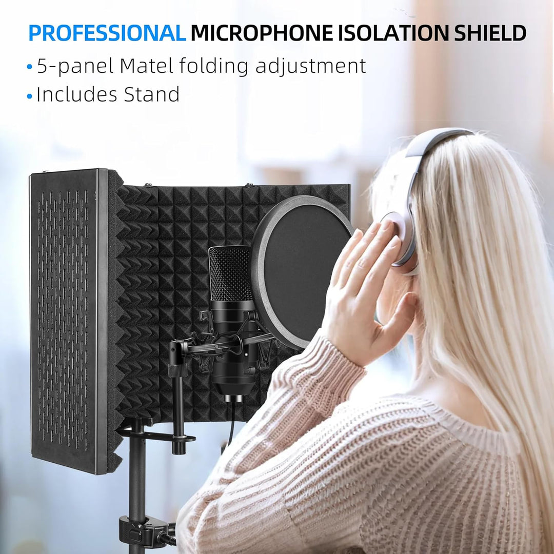 Mikrofon Isolationsschild Set, Schaumstoffschutz mit Pop-Filter, Stativständer, Faltbares Design