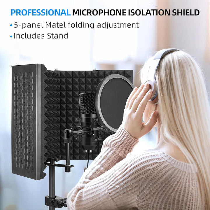 Mikrofon Isolationsschild Set, Schaumstoffschutz mit Pop-Filter, Stativständer, Faltbares Design
