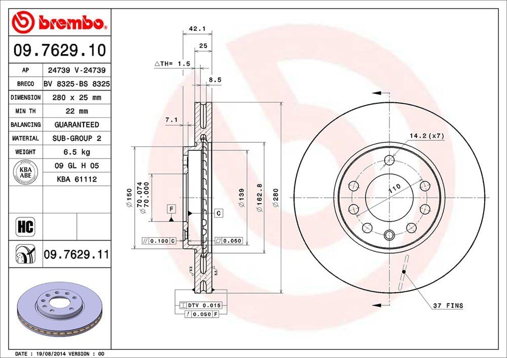 Brembo 09.7629.11 Vordere Bremsscheibe mit UV Lackierung, Anzahl 2