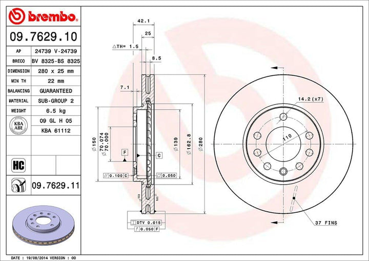 Brembo 09.7629.11 Vordere Bremsscheibe mit UV Lackierung, Anzahl 2