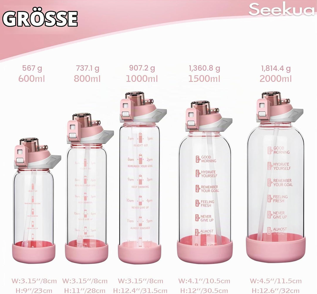 Seekua 0.6l Sport Trinkflasche Glas Flasche mit Strohhalm &amp; Zeitmarkierung für Kinder, Schule 600ml