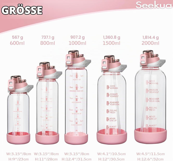 Seekua 0.6l Sport Trinkflasche Glas Flasche mit Strohhalm &amp; Zeitmarkierung für Kinder, Schule 600ml