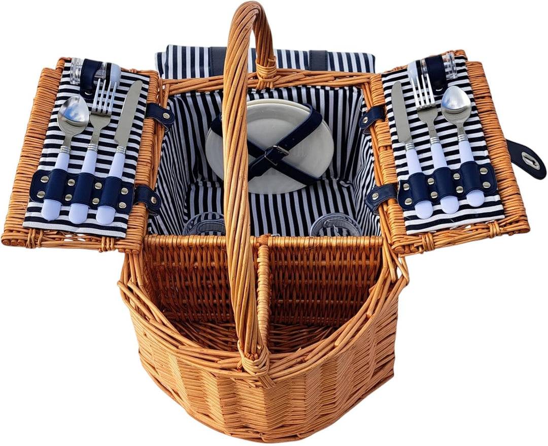 Picknickkorb für 2 Personen mit Picknickdecke, Besteck, Tellern, Weingläsern, Salz &amp; Pfeffer, Korken